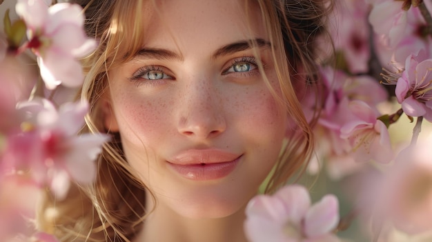 Beautiful young woman enjoying nature in the spring park with a sunny sky