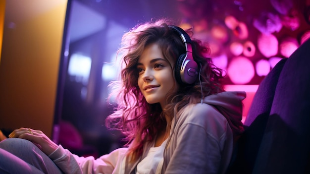 A beautiful young woman enjoying the nightlife with headphones