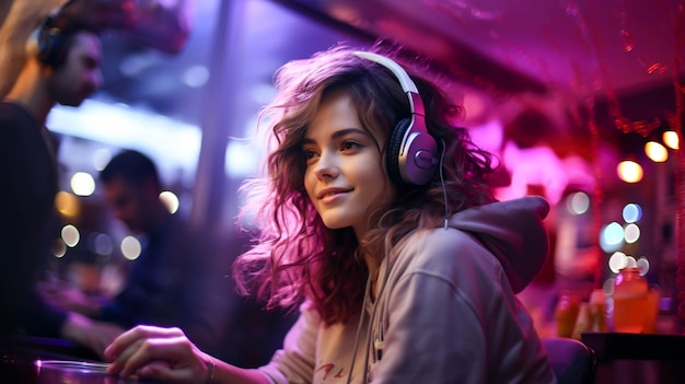 A beautiful young woman enjoying the nightlife with headphones