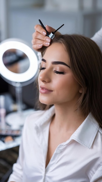 Beautiful young woman during eyelash extension