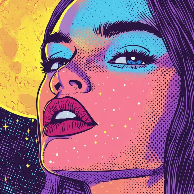 Photo beautiful young woman face retro pop art style vector illustration