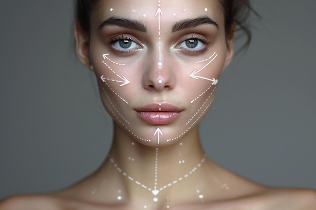 Beautiful young woman face with arrows on grey background Plastic surgery concept