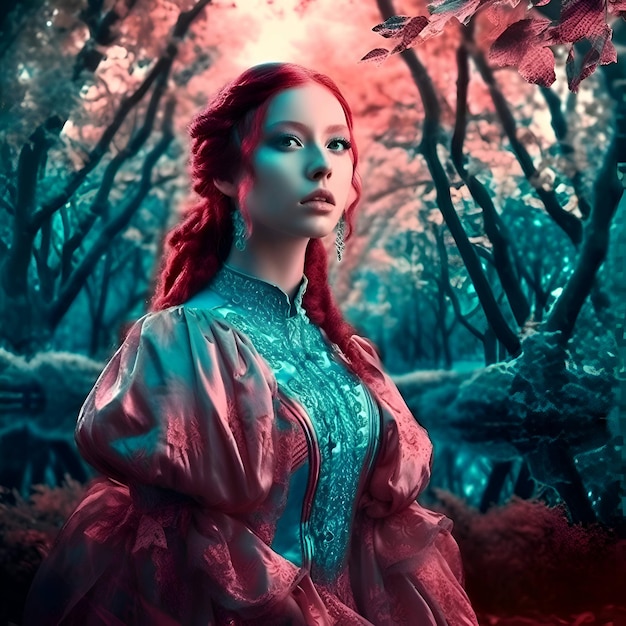 Beautiful young woman in a fantasy forest 3d rendering