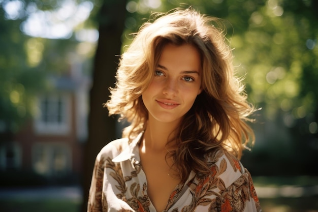 a beautiful young woman in a floral shirt posing for the camera