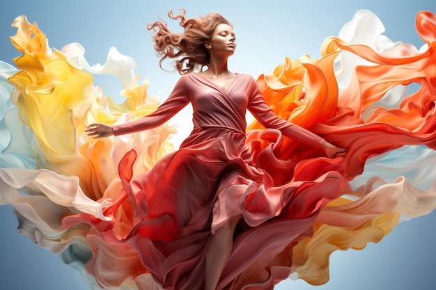 Beautiful young woman in flying silk dress 3d ilustration