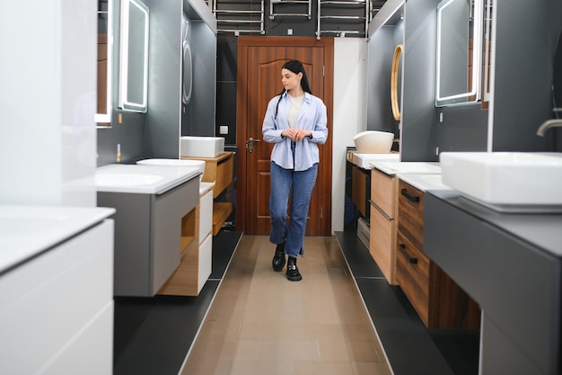 beautiful young woman in a furniture store looks at the furniture in the bathroom