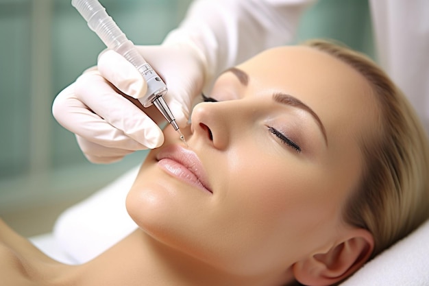 Beautiful young woman getting permanent makeup on her face at beauty salon