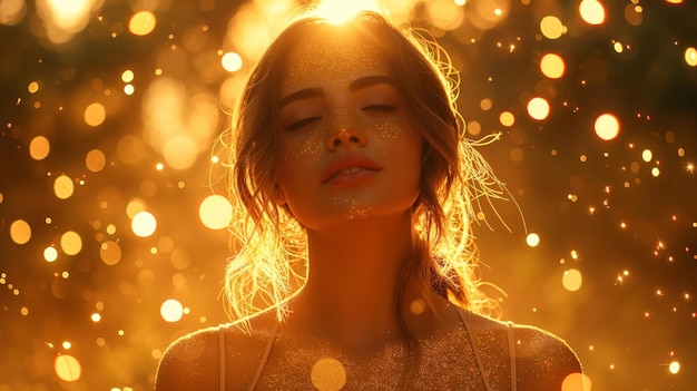 beautiful young woman in gold glitter flares magical light