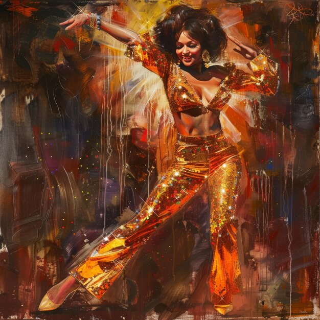 Beautiful young woman in a golden suit dancing flamenco Oil painting