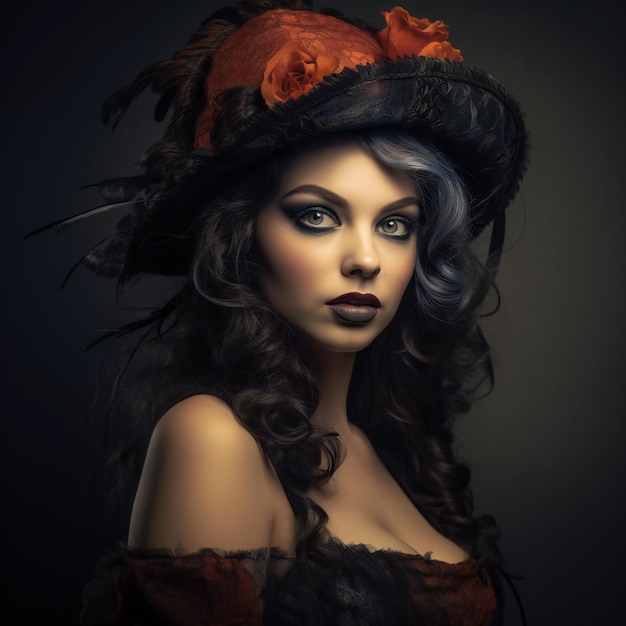 Beautiful young woman in hat with red roses Halloween theme