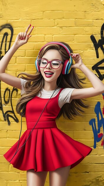 Photo beautiful young woman in headphones listening to music and dancing on yellow wall