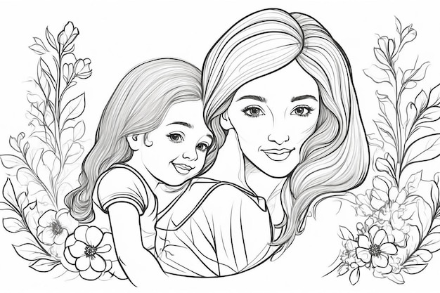 beautiful young woman and her daughter mothers Day vector drawing