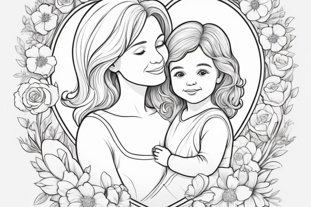 beautiful young woman and her daughter mothers Day vector drawing