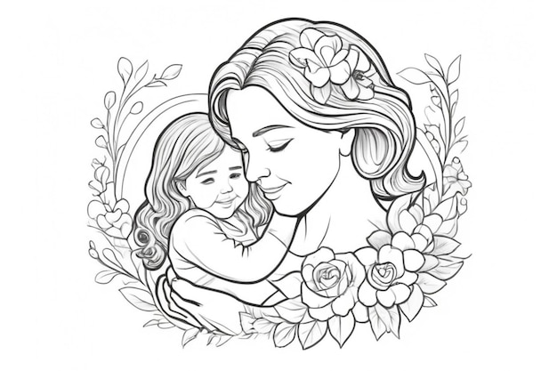 beautiful young woman and her daughter mothers Day vector drawing