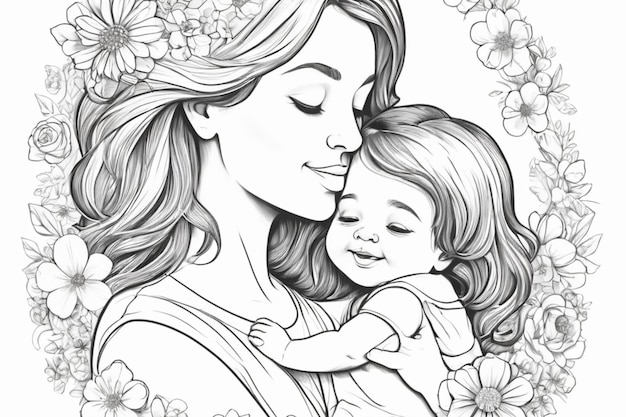 beautiful young woman and her daughter mothers Day vector drawing