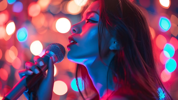 A beautiful young woman is singing into a microphone She is surrounded by colorful lights She is wearing a sequined dress