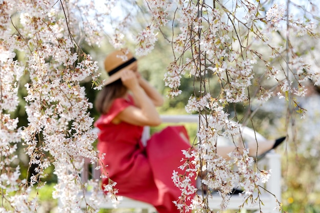 A beautiful young woman is sitting on an elegant bench in a spring garden under a cherry blossom and reading a book