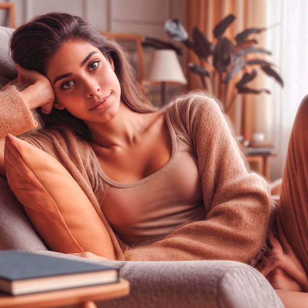 Beautiful young woman is sitting on the sofa and reading a book