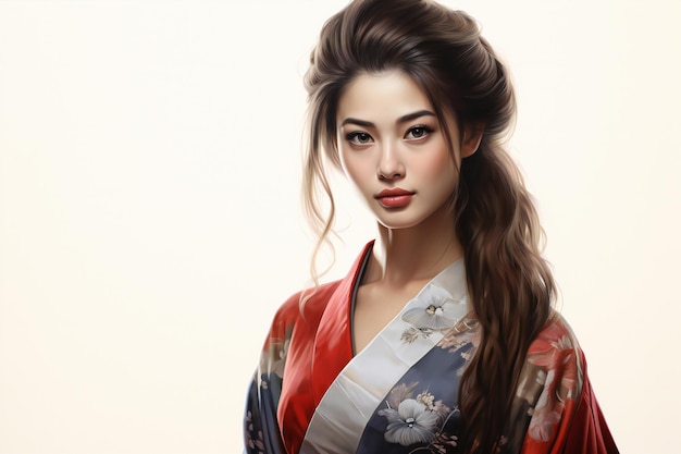 Beautiful young woman in kimono on light background closeup