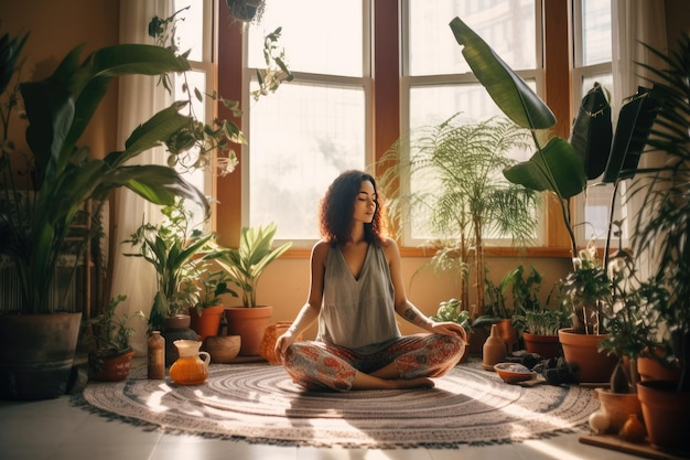 Beautiful young woman kundalini yoga in lotus pose in the boho style interior