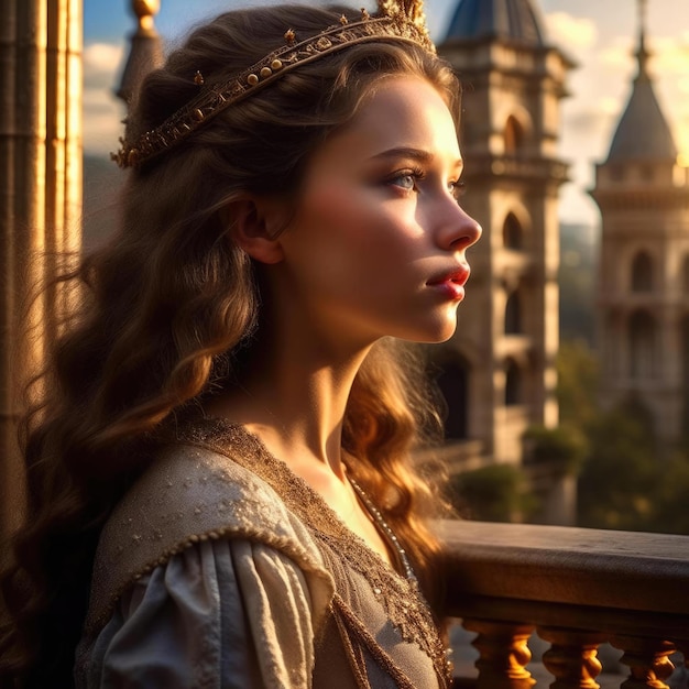 Beautiful young woman in medieval era dress and crown on the background of old palace