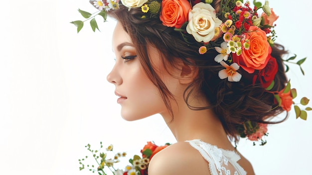 Photo beautiful young woman model with floral hair bouquet professional beauty portrait