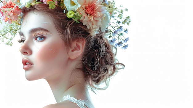 Photo beautiful young woman model with floral hair bouquet professional beauty portrait