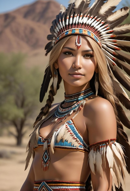 Beautiful young woman in native american costume in the desert