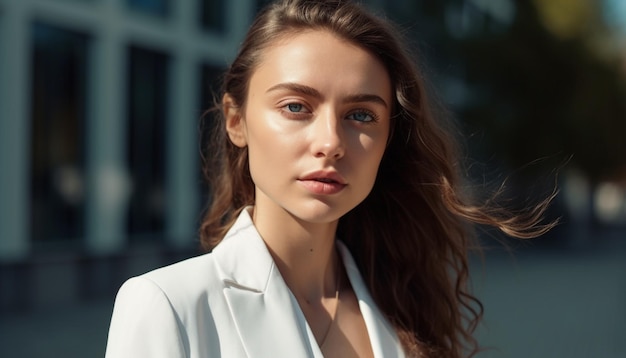 Beautiful young woman in nature confident smile generated by AI