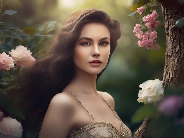 A beautiful young woman in nature exuding elegance and sensuality