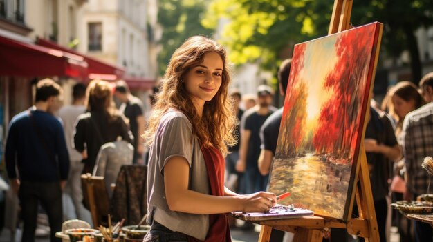 A beautiful young woman participating in a painting workshop in Montmartre