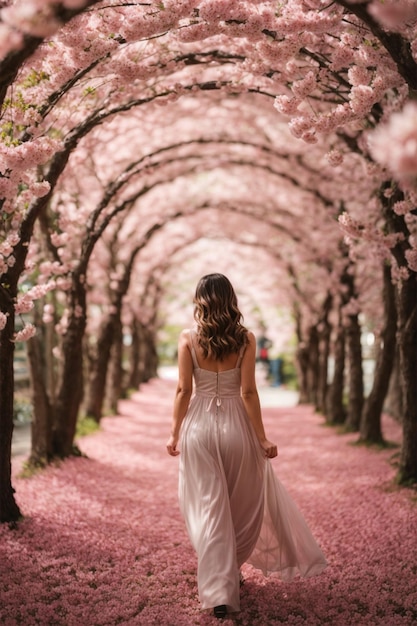 Beautiful young woman in pink dress walking in cherry blossom garden