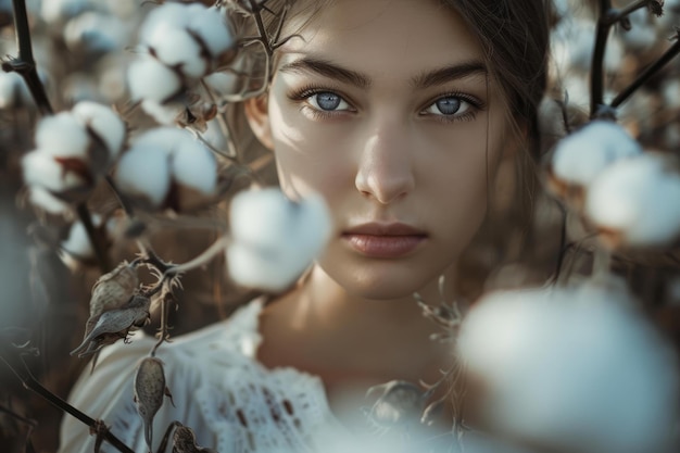 Beautiful young woman posing in cotton field