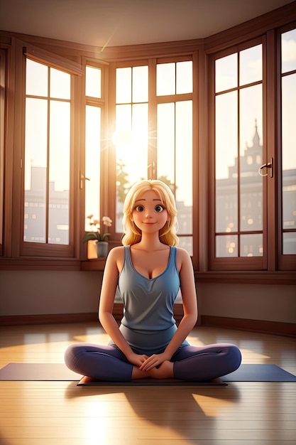 Beautiful young woman practicing yoga in a room with large windows