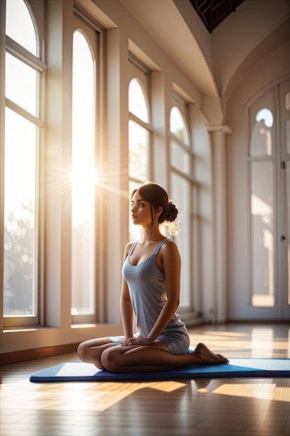 Beautiful young woman practicing yoga in a room with large windows