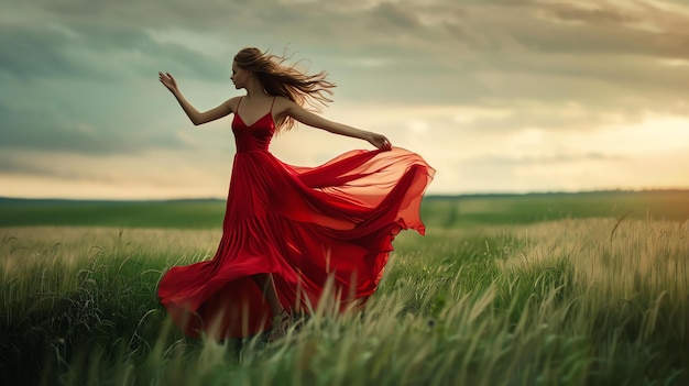 Beautiful young woman in red dress dancing in the middle of a green field with long hair blowing in the wind