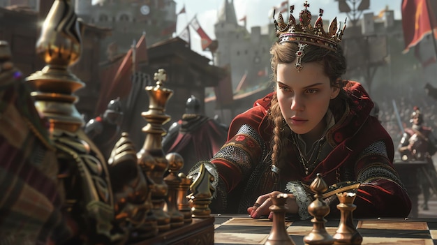 A beautiful young woman in a red dress and gold crown is playing chess in a medieval setting