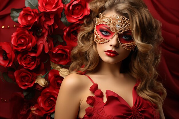 Beautiful Young Woman in Red Dress and Mysterious Venetian Mask Elegant Fashion Closeup Portrait