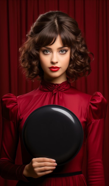 Beautiful young woman in a red dress with a black sign