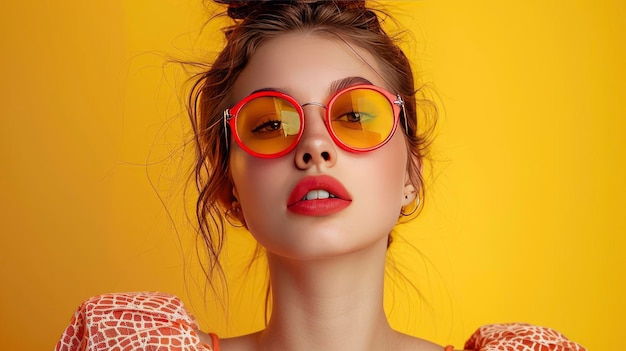 beautiful young woman in red and yellow sunglasses