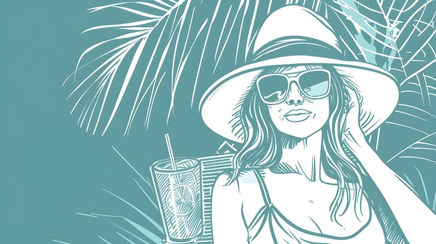 Beautiful young woman relaxing on a beach She is wearing a hat and sunglasses and is holding a drink Palm trees are in the background