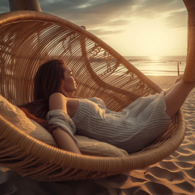 Beautiful young woman relaxing in hammock on the beach at sunset