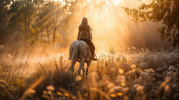 Beautiful young woman riding a horse in the autumn forest at sunset