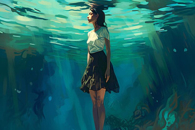 Beautiful young woman in the sea Illustration in retro style