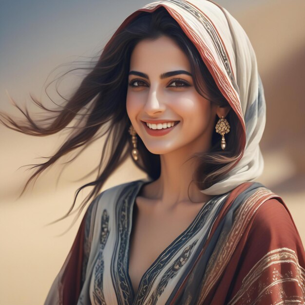 Beautiful young woman in a shawl on the beach