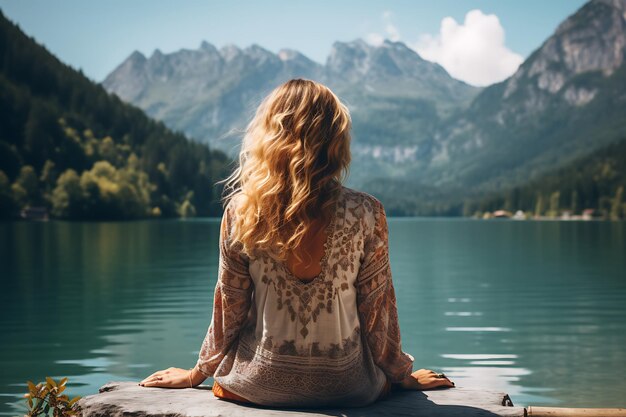 Photo beautiful young woman sitting on the edge of a mountain lake