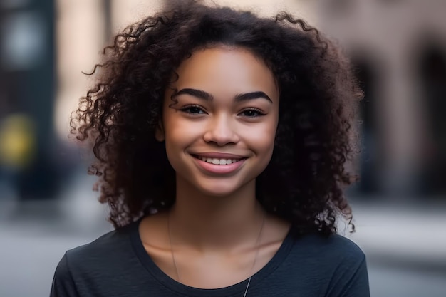 Beautiful young woman smiling portrait on dark background Neural network AI generated