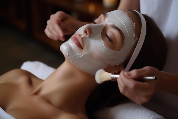 Beautiful young woman in spa salon receiving facial mask by beautician