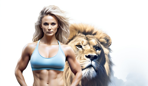 Beautiful young woman in sportswear with a lion on a white background