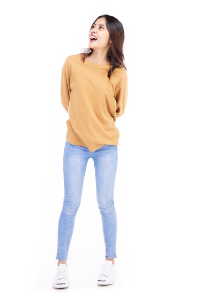 Beautiful young woman standing in full body in casual wear , Mixed race Asian Caucasian girl. Happy face, a confident, beautiful woman isolated on a white background.